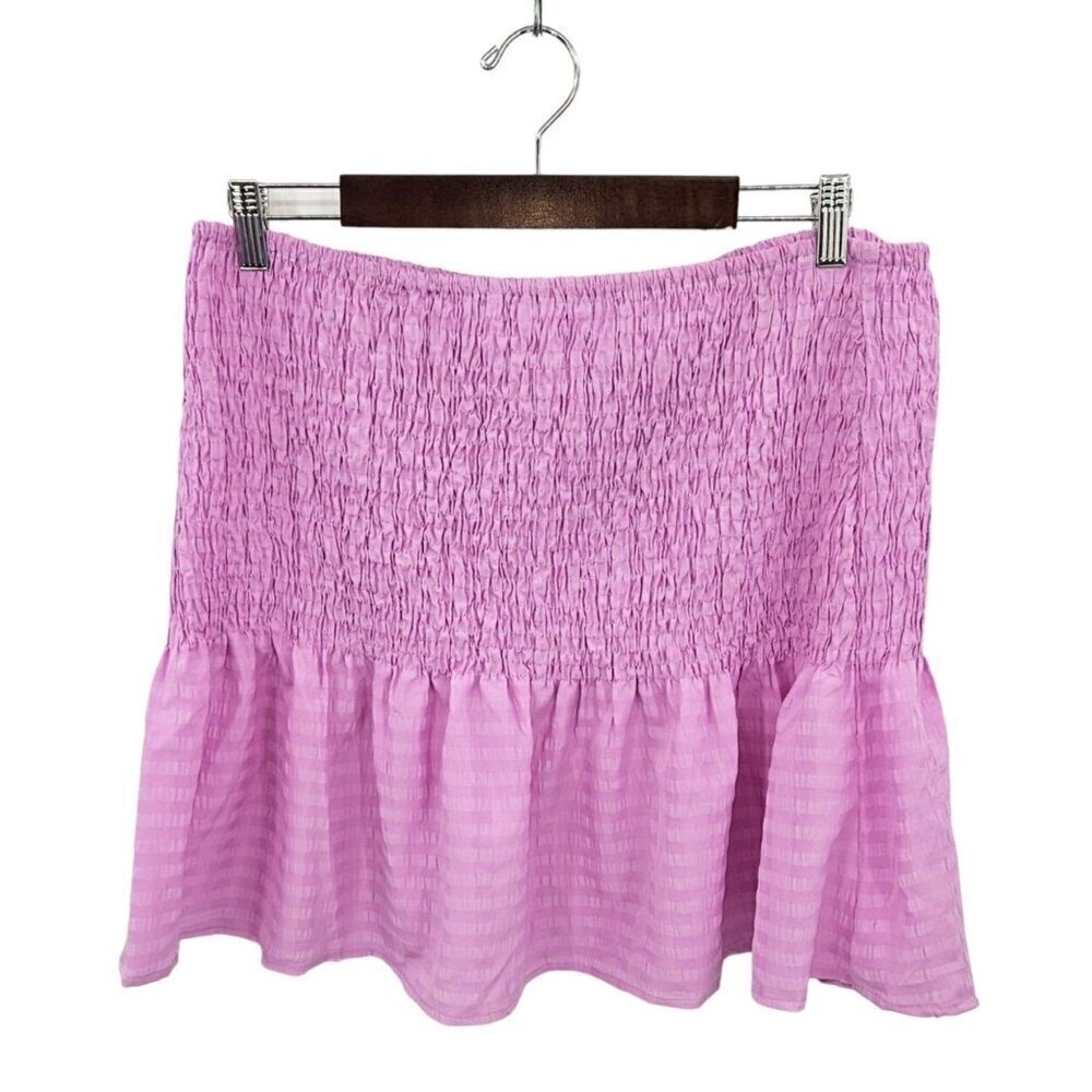 Boohoo Smocked Shirred Mini Skirt Womens Sz 12 Ruffle Purple Lilac Stretch NEW‎